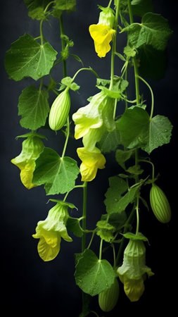 Generative AI : Young plant cucumber with yellow flowers Juicy fresh cucumber closeup macro on a background of leaves Vertical format copy spaceの素材