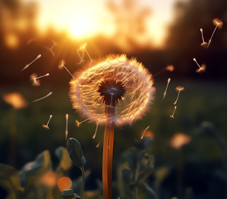 Generative AI : Fluffy dandelions glow in the rays of sunlight at sunset in nature on a meadow Beautiful dandelion flowers in spring in a field closeup in the golden rays of the suの素材