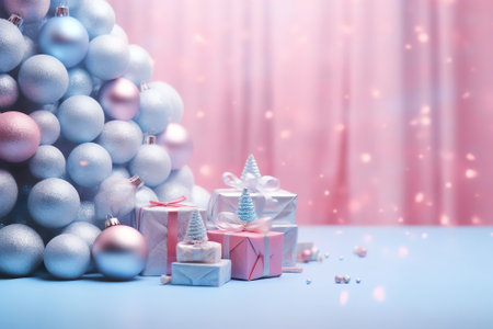 Generative AI : Winter snowy blurry background in light blue pink tones Falling defocused snow with beautiful light abstract snowflakes in blur and inscription of Merry Christmasの素材