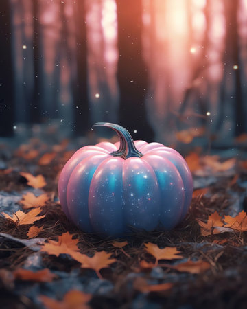 Generative AI : Festive background decoration for Halloween in trendy blue purple tones Two glowing pumpkins and bat on background of evening mystical forest ultra wide format Magiの素材
