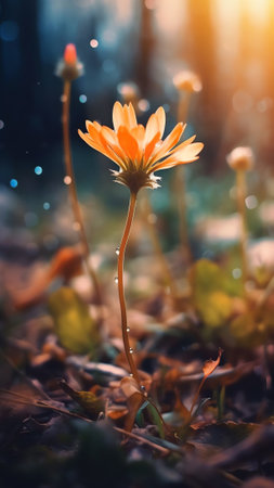 Generative AI : Vintage macro photo of nature background with wild flower wild flower in rain on sunset Beautiful gentle air artistic image on a green backgroundの素材