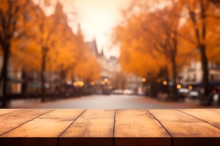 Generative AI : Wooden planks against the background blurred of trees in a beautiful autumn park Autumn background for presentationの素材