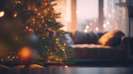 Generative AI : Beautiful blurred interior of a living room decorated for Christmas in warm cozy brown tones Christmas tree lights and gifts out of focusの素材