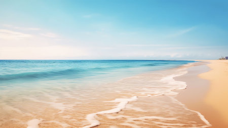 Generative AI : Beautiful calm natural seascape with a horizon line and clouds in blue sky light surf and strip of golden sandy beach lit by sunlightの素材