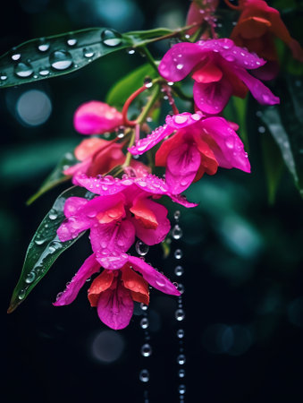 Generative AI : Branch with drops of dew or rain with flower reflection macro Soft delicate blurred pink background Beautiful romantic artistic image natureの素材