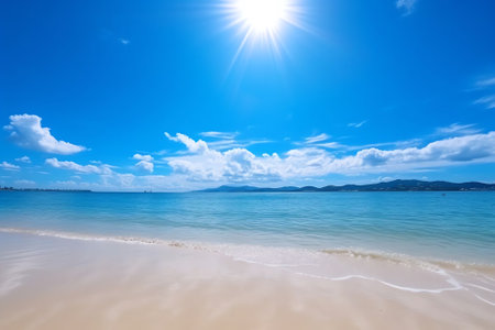 Generative AI : Beautiful beach with white sand turquoise ocean water and blue sky with clouds in sunny day Panoramic view Natural background for summer vacationの素材