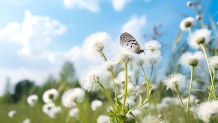Generative AI : Beautiful spring summer natural landscape with a field of flowering dandelions and butterfly against blue sky with clouds on clear sunny dayの素材