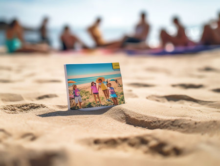 Generative AI : Blurred background image with a blooming tropical flowers line of sea surf and and people sitting on sandy beachの素材