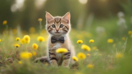 Generative AI : Cute fluffy kitten looks through yellow flowers in garden among greenery Small striped kitten in nature outdoors Soft selective focusingの素材