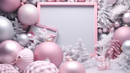 Generative AI : Christmas tree in white frost decorated pink silver balls toys on fairy frost patterns background inscription merry Christmas wide banner format frameの素材