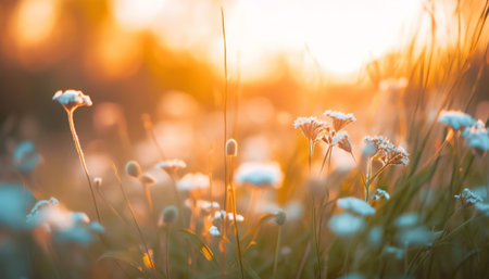 Generative AI : Beautiful spring summer natural panoramic landscape of countryside with flowered daisies in meadow at sunset Shallow depth of fieldの素材
