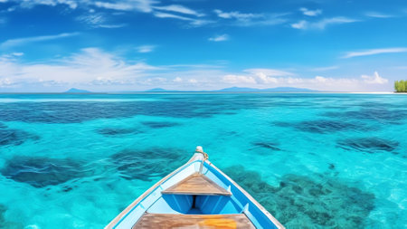 Generative AI : Beautiful summer landscape of tropical island with boat in ocean Blue sky and bright sun Transition of sandy beach into turquoise waterの素材