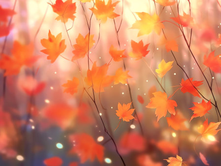 Generative AI : Bright golden and red leaves autumn in the grass in the sun closeup Dew drops sparkle in the sun morning grass in the fall Beautiful autumn background with round boの素材