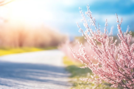 Generative AI : Blooming fluffy willow branches in spring closeup on nature macro with soft focus on turquoise background sky in sunlight Pastel gentle tones blue and pink ultra wiの素材