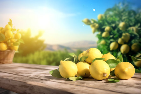 Generative AI : Pile many lemons on a wooden table blue and green Food fruit border template wallpaper background for restaurant menus designの素材