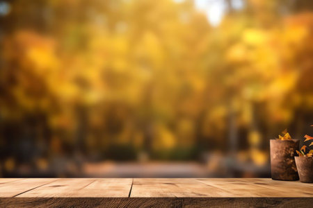 Generative AI : Beautiful colorful natural autumn background for presentation Wooden boards on the background of a blurred autumn parkの素材