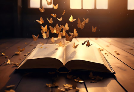 Generative AI : Open pages old magic book on a wooden table closeup macro and departing from the pages of paper butterflies on a blue background Romantic dreamy artistic image of aの素材