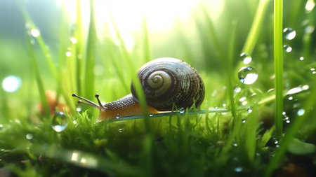 Generative AI : Snail in green grass on fluffy panicle in bright sunlight in nature outdoors macro Soft selective focusingの素材