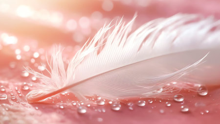 Generative AI : Transparent drop of water on pink feather with sparkles and in rays of bright light closeup macro Glamorous sophisticated airy artistic image on a soft blurred backの素材