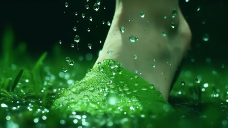 Generative AI : Traces feet foot from drops on a green background closeup macro Water drops dew rain in the form of traces from legs The concept idea of pure waterの素材