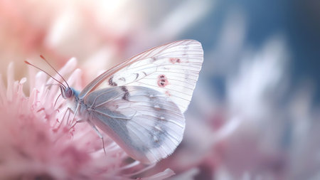 Generative AI : A gentle blue butterfly on a fluffy pink flower in nature in soft pastel colors with a soft focus macro Dreamy romantic elegant art image of living natureの素材