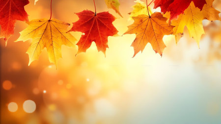 Generative AI : Autumn colorful orange yellow and red maple leaves in the grass on nature outdoors glow in sunlight macro soft focus Autumnal natural background with beautiful bokeの素材