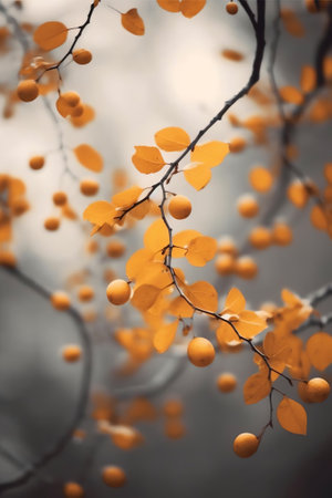 Generative AI : Beautiful branch with orange and yellow leaves in late autumn or early winter under the snow The first snowfall gentle blurred elegant romantic light background cloの素材