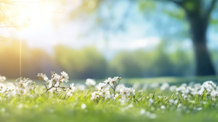 Generative AI : Beautiful blurred spring background nature with blooming glade trees and blue sky on a sunny dayの素材