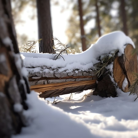 Generative AI : A wooden fence and branches of a raspberry bush under a large layer of snow in winter outside the city in the nature in the rays of the sun closeupの素材
