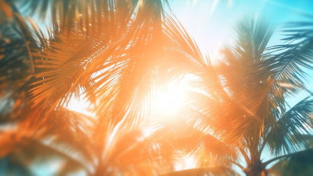 Generative AI : Abstract blur defocused background toned gently blue nature of tropical summer rays of sun light Beautiful sun glare on sea water and palm leaves against sky Copy sの素材