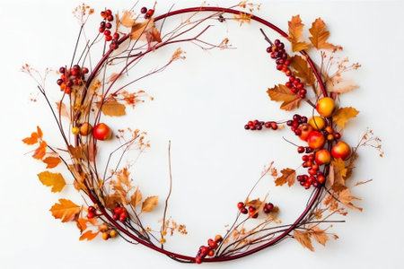 Generative AI : Autumn layout composition frame of dry leaves of twigs pumpkin and berries on white background Flat lay top view copy space halloween conceptの素材