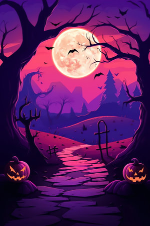 Generative AI : Background decoration for Halloween in blue purple tones Two glowing pumpkins against evening sky with half moon in mystical forest Magical atmosphere with festiveの素材