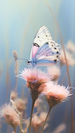 Generative AI : Gentle natural background in pastel colors with a soft focus of blue shades Wild meadow grass and butterfly in spring in nature macro Beautiful summer meadow inspirの素材