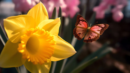 Generative AI : Beautiful bouquet of yellow daffodils flowers and butterfly on natural greenyellow background closeup outdoors Elegant refined image of beauty of natureの素材