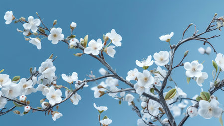 Generative AI : Beautiful curved branches with white cherry flowers in spring closeup on a blue soft background Light blue blurred floral background desktop wallpaper a postcard Roの素材