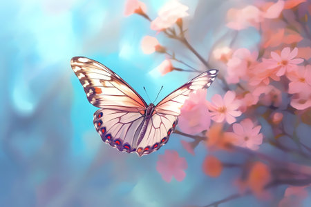 Generative AI : Beautiful white butterfly in flight and flowers with soft focus Branch blossoming cherry in spring on blue and lilac background macro Amazing elegant artistic imageの素材