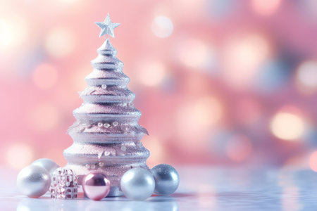 Generative AI : Christmas tree in white frost decorated pink silver balls toys on blurred fairy background with beautiful bokeh copy space wide format Christmas silvery pink sparklの素材