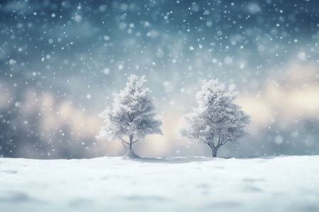 Generative AI : Beautiful winterthemed background is a blurry image of a winter forest on a cold morning small snowdrifts and light snowfallの素材