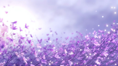 Generative AI : Beautiful tender spring violet white flowers in nature outdoors in form of ultra wide banner format panoramaの素材