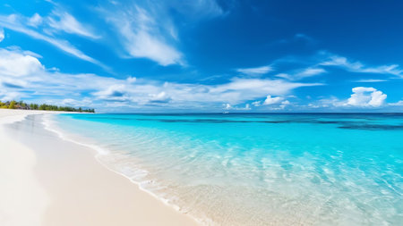 Generative AI : Beautiful sandy beach with white sand and rolling calm wave of turquoise ocean on Sunny day on background white clouds in blue sky Island in Maldives colorful perfeの素材