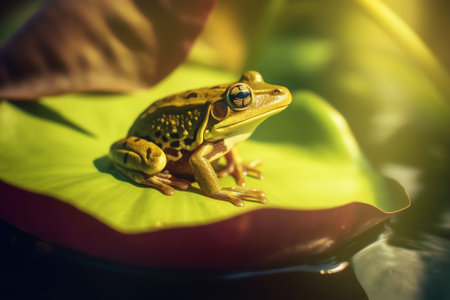 Generative AI : Creative natural background with a green frog and place for text Original nature background with a green frog and plants closeup macroの素材