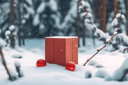Generative AI : Festive Christmas composition of balls and red stars on wooden platform in forest outdoors framed by snowcovered fir branches and inscription Merry Christmasの素材