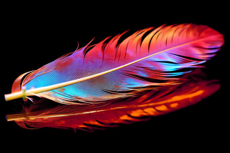Generative AI : Beautiful large dew drops or rain water on the poultry feather closeup with mirror reflection macro Beautiful light and blurred soft background in red and yellow coの素材