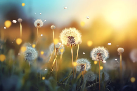 Generative AI : Easy air glowing dandelions in the grass in the summer sun at dawn morning outdoors closeup macro on a blue and gold background Romantic dreamy artistic image Desktの素材