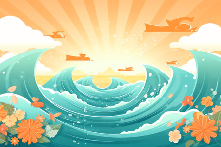 Generative AI : Orange sun in the form of a banner with the inscription Hello summer on a blue background and a sea wave with foam Concept of summer sea recreation for travel agencの素材