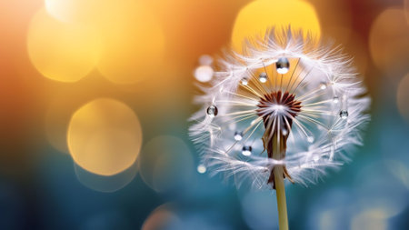 Generative AI : Dandelion Seeds in the drops of dew on a beautiful blurred background Dandelions on a beautiful golden yellow background Drops of dew sparkle on the dandelionの素材