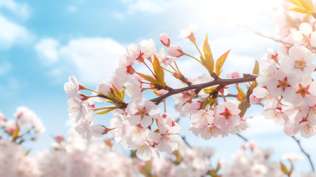 Generative AI : Colorful spring background with frame of pink cherry blossoms and green foliage in beautiful sunlight outdoors in nature with soft focus Flowering tree sakura closeの素材