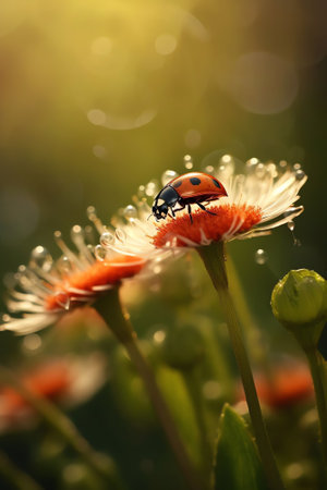 Generative AI : Bright scarlet flowers poppies and ladybug in outdoors closeup macro in natureの素材