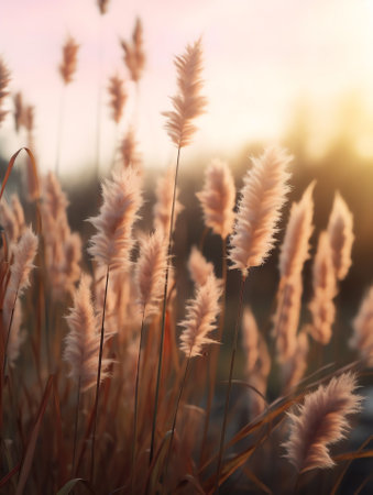 Generative AI : Blooming fluffy high wild grass in spring or summer on nature in rays of sunlight closeup soft focusingの素材