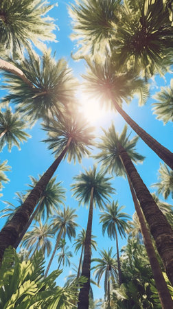Generative AI : Beautiful alley with lush green tropical palm trees on a background of blue sky and sun Natural sceneryの素材